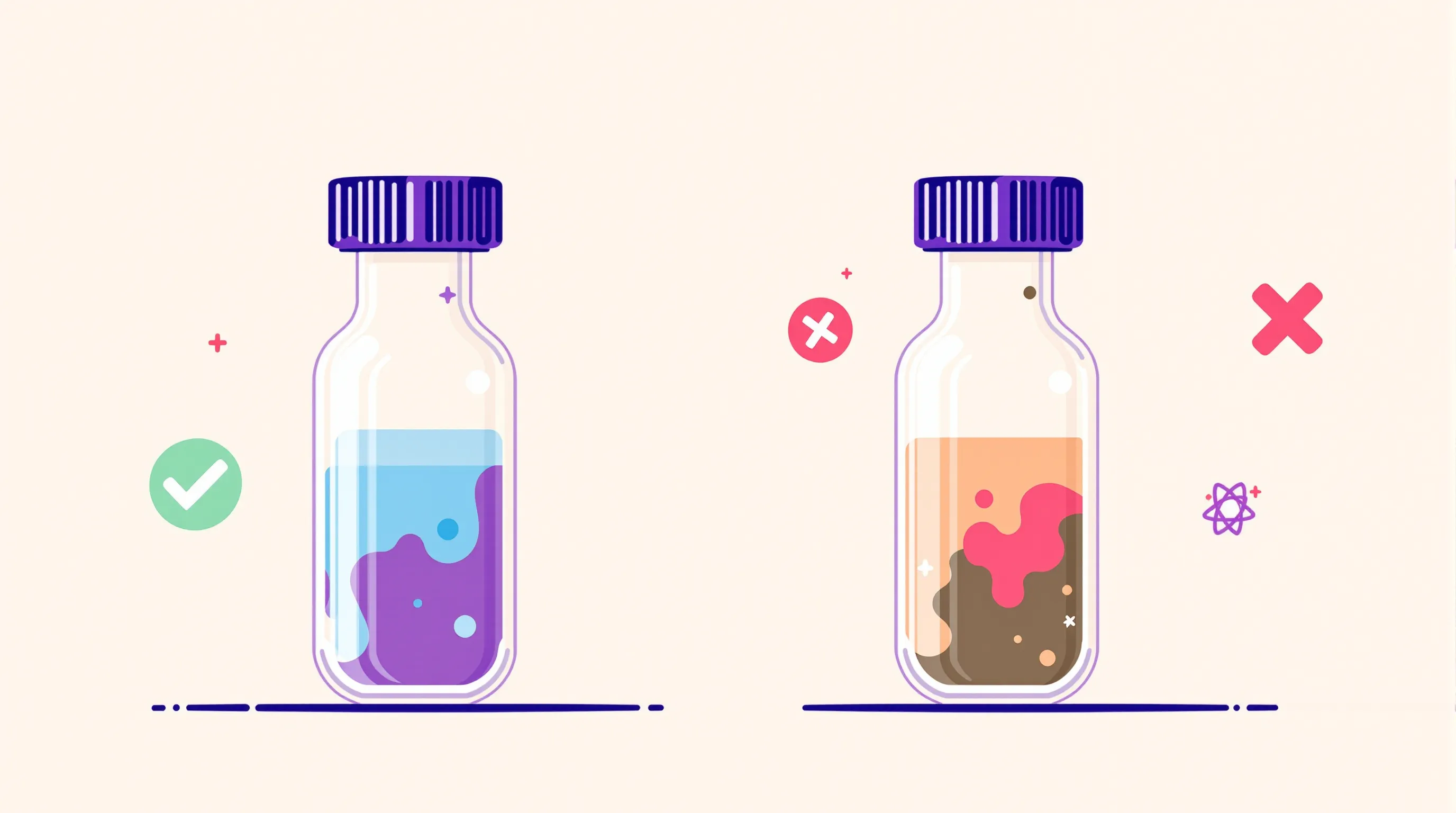 Flat illustration comparing a blue-violet intact copper-peptide vial with a green check and an oxidized green-brown vial with a magenta cross