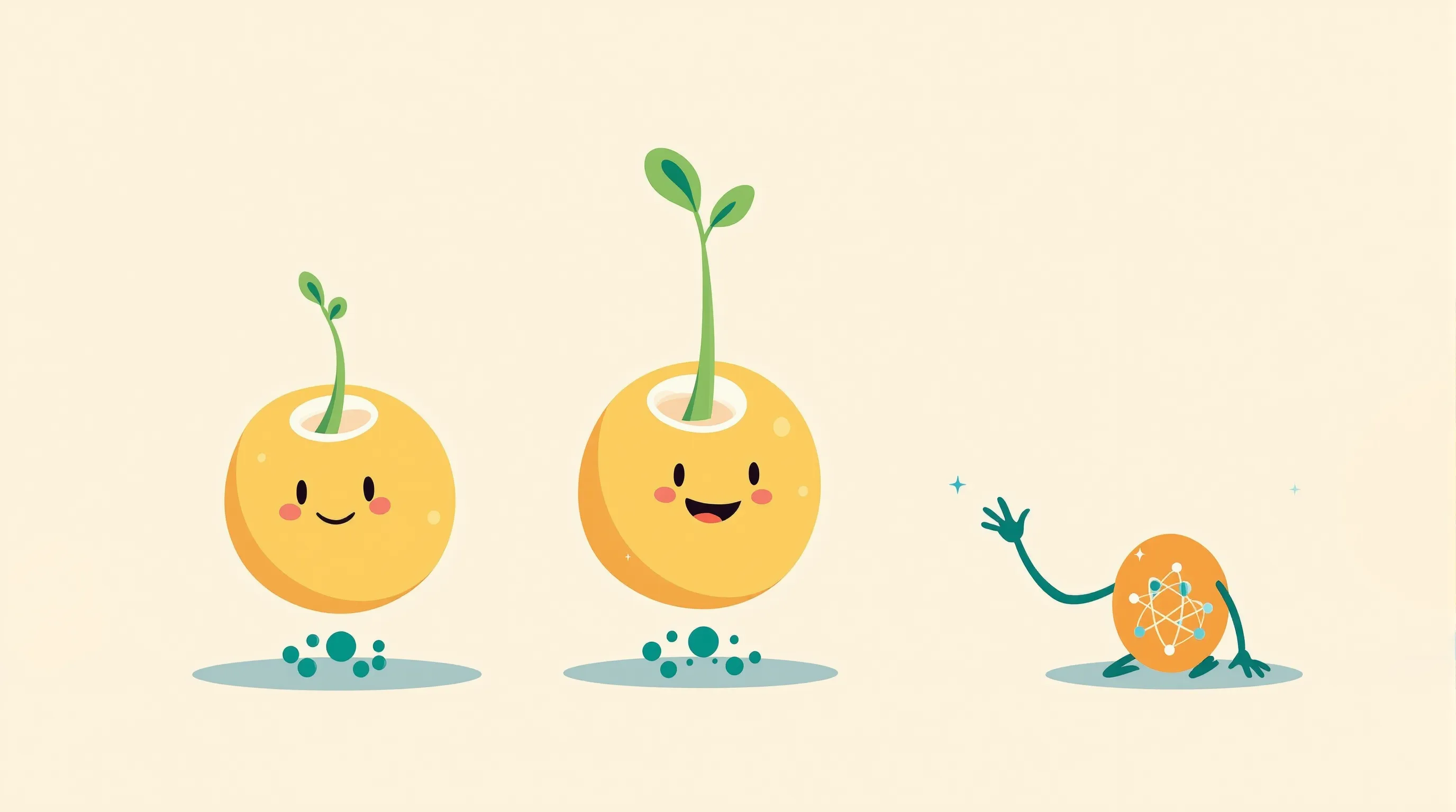 Flat illustration of three gold hair-follicle bulbs with green sprouts of increasing length and teal papilla dots, beside the copper-atom character