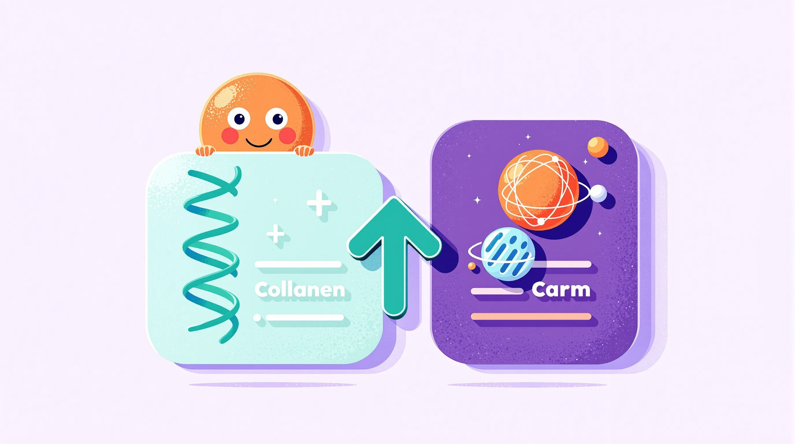 Flat illustration of two comparison study cards separated by a vs diamond, one teal with a collagen spring and tall up-arrow, one violet with a smaller motif